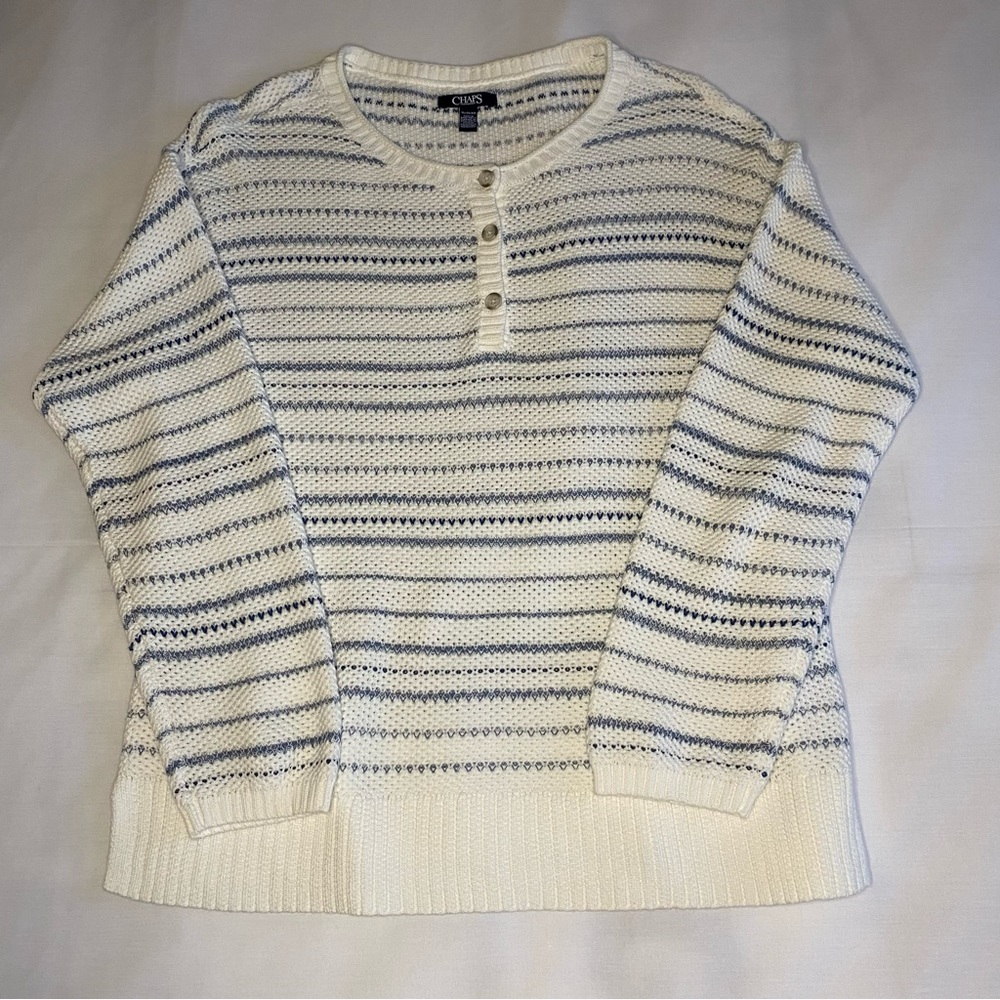 Chaps White Blue Stripes Long Sleeve Henley Pullover Sweater Women's Size XL - Picture 1 of 12